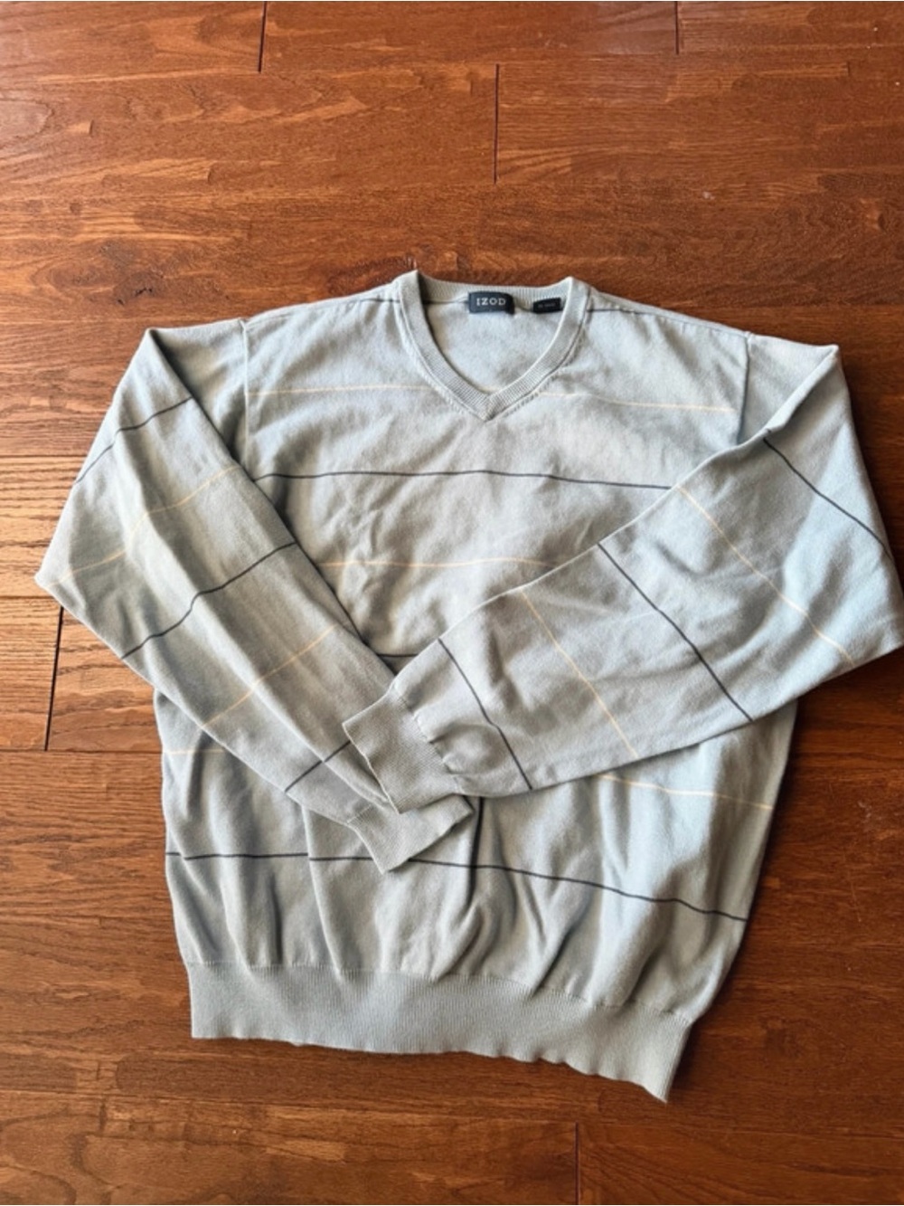 Izod Men's Sage Green V-Neck Sweater with Subtle Stripes